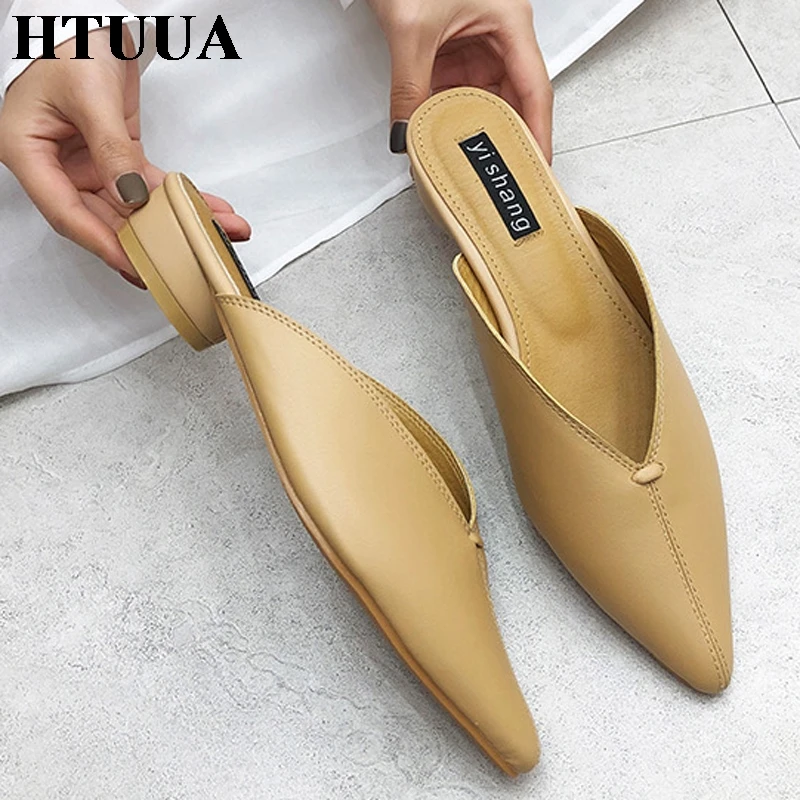 HTUUA модная прошитая Шлёпанцы Для женщин на низком каблуке тапочки Повседневное
