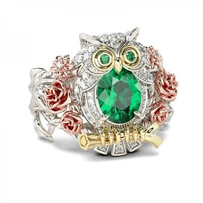 Skute Fashion Micro Inlay Zircon Green CZ Stone Crystal Rhinestone Owl Design Ring for Women Men Wedding Engagement Jewelry | Украшения и