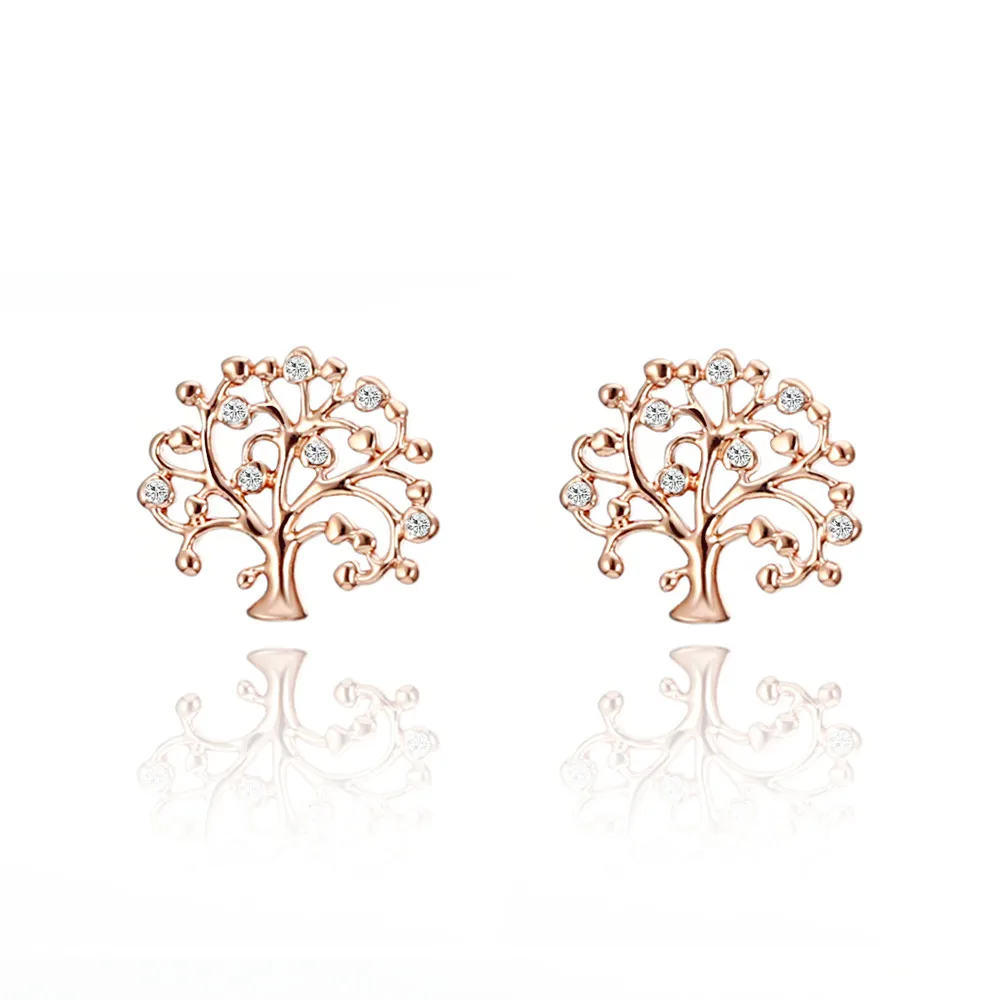 Rose Gold Маленькие серьги-гвоздики «Древо жизни» для женщин, серьги с кристаллами AAA, золотые, серебряные, модные ювелирные изделия, свадебные подарки, Прямая поставка - Окраска металла: Rose Gold