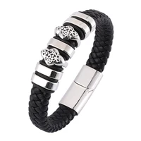 punk braid genuine men leather bracelet charm stainless steel magnetic bangle mens jewelry accessories bb0343
