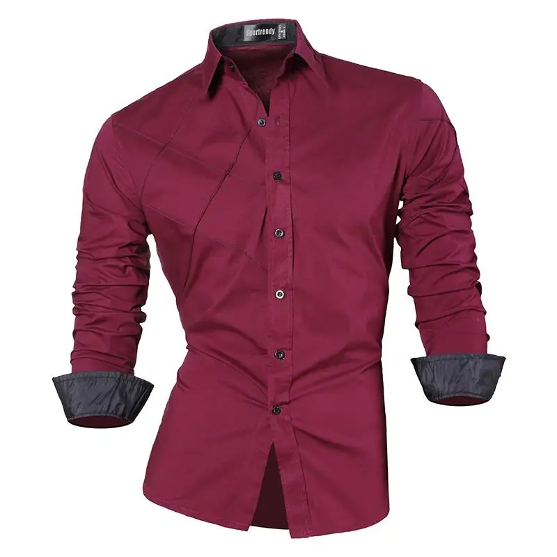 JZS044-WineRed Sportrendy Мужская рубашка платье повседневное с длинным рукавом Slim Fit Мода Дракон стильный JZS041 - Цвет: JZS044-WineRed