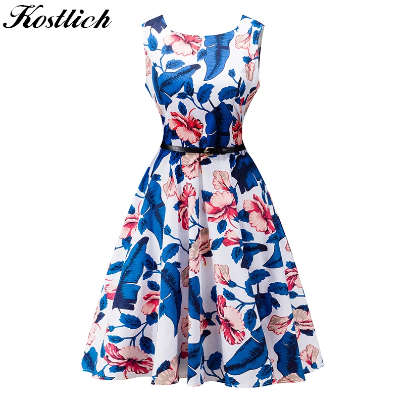 Kostlish 2017 лето dress женщины хлопок цветочный принт 50 s 60 vintage с поясом без рукавов