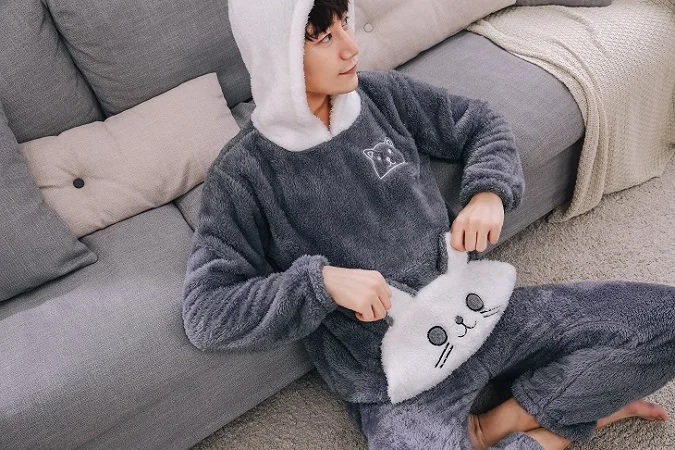 Men Pajamas as chart Фланелевая пара плюшевых пижам, набор зимних утепленных пижам с капюшоном для мужчин, набор длинных штанов, пижама с рисунком кота и животных, hombre - Цвет: Men Pajamas as chart