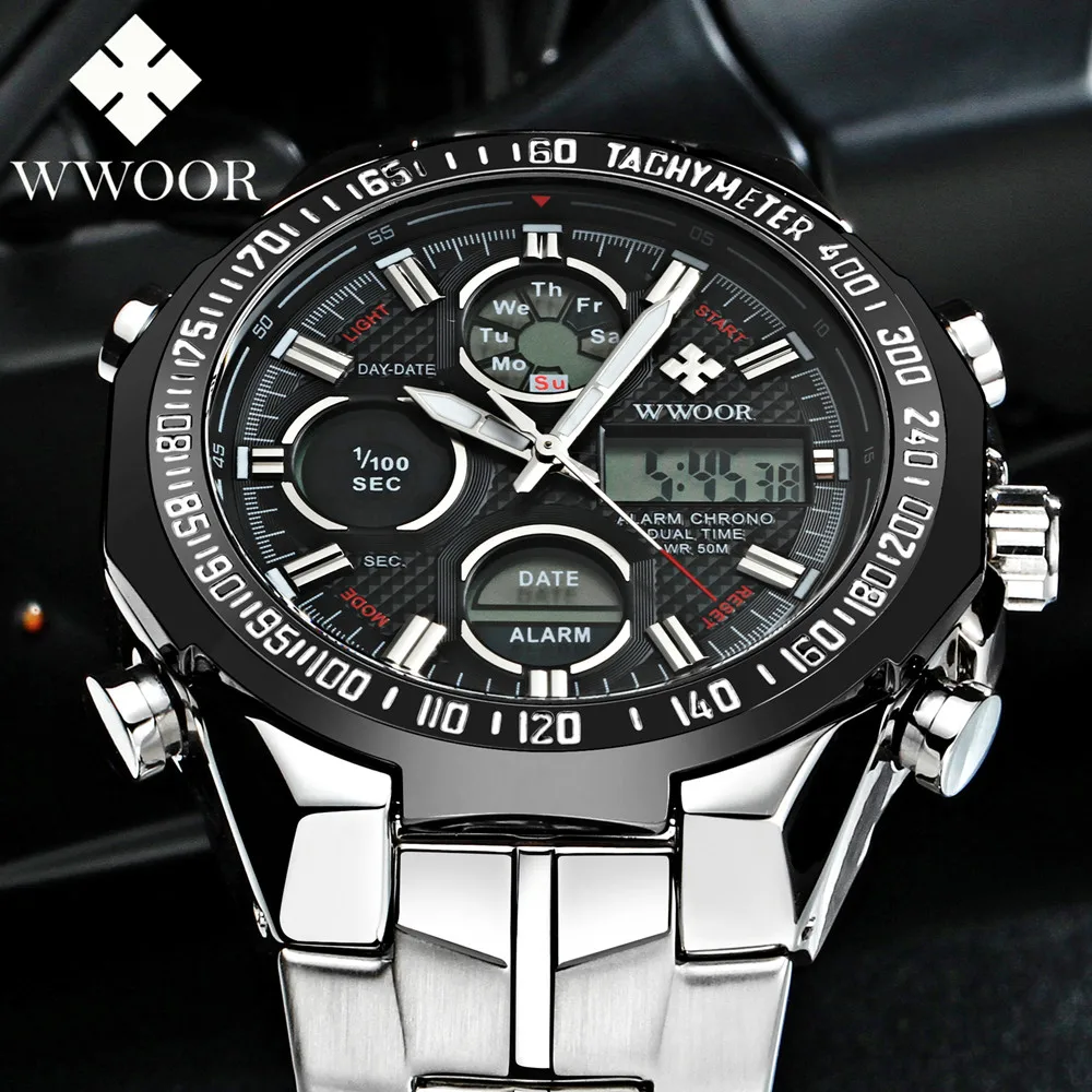 WWOOR мужские часы Топ бренд Роскошные Кварцевые электронные светодиодные