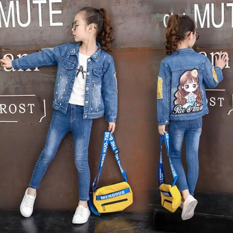 Girl Sequin lace denim jacket children outerwear Kids coat for 3-10 years Clothes spring autumn Baby girls jeans bling clothing | Детская