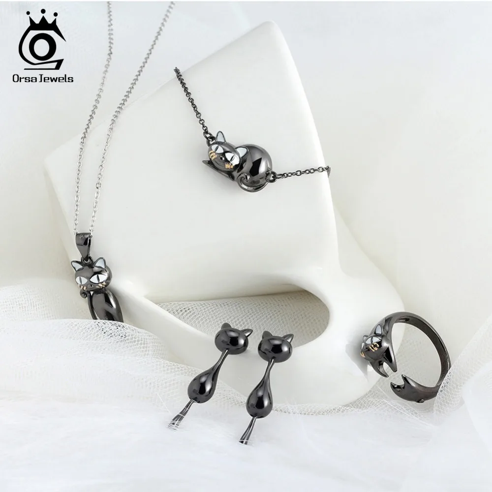 ORSA JEWELS твердые серьги-гвоздики из стерлингового серебра для женщин, Висячие Милая Черная кошка хвост может двигаться девушка серебряные ювелирные изделия SE90