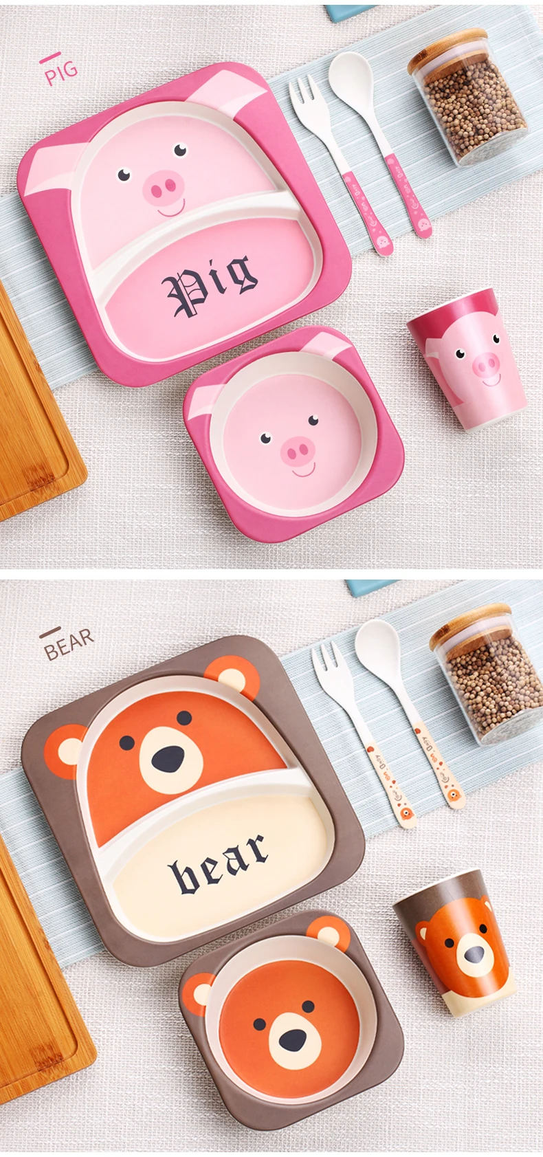WORTHBUY Cute Cartoon Kids Dinnerware Set Eco-Friendly Bamboo Fiber Dinner Set Children Cutlery For School Picnic Tableware