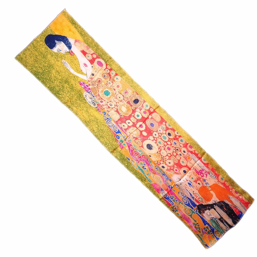 

New Brand Luxury Women 100% Silk Oblong Scarfs Handmade Long Wraps Artworks Oil Painting Gustav Klimt's Hope II Greens