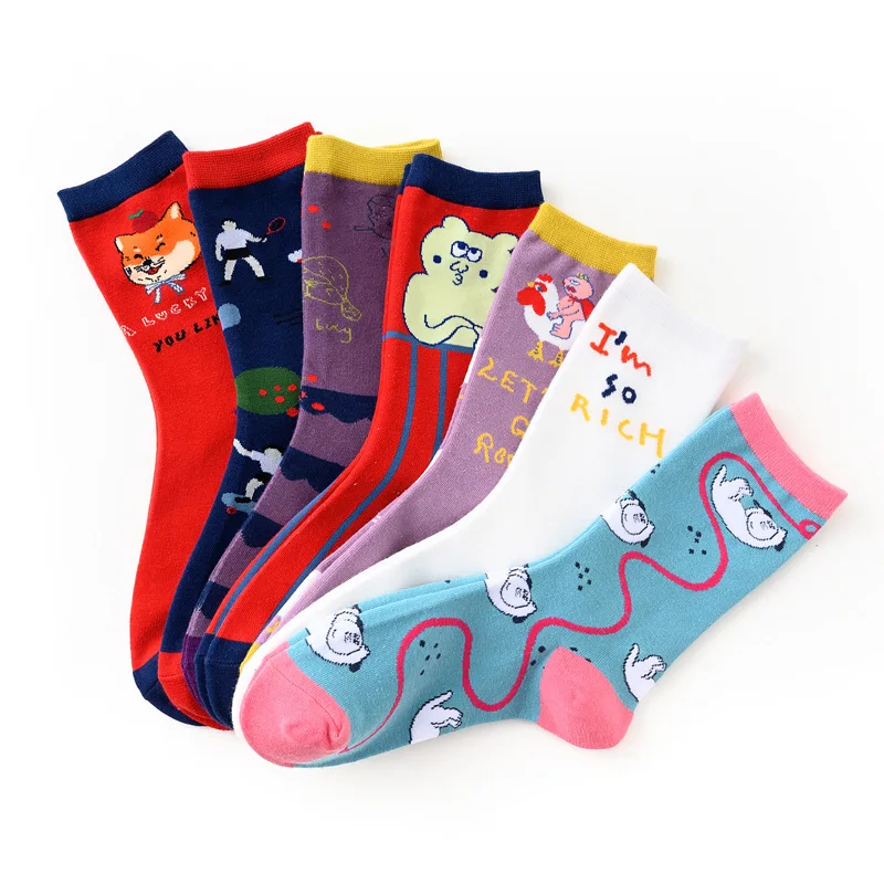 One Size (EU 35-40) 7 пар/уп. носки с рисунками животных из мультфильмов женские хлопковые носки Забавные милые длинные носки Харадзюку, уличная одежда, носки с круглым носком подарок Марвел - Цвет: One Size (EU 35-40)