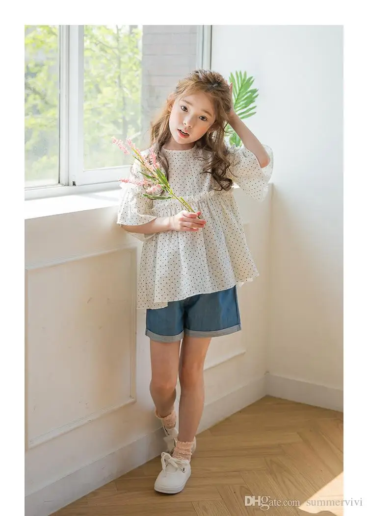 Дети Устраивает Девушки горошек печатные топы + короткие джинсовые брюки