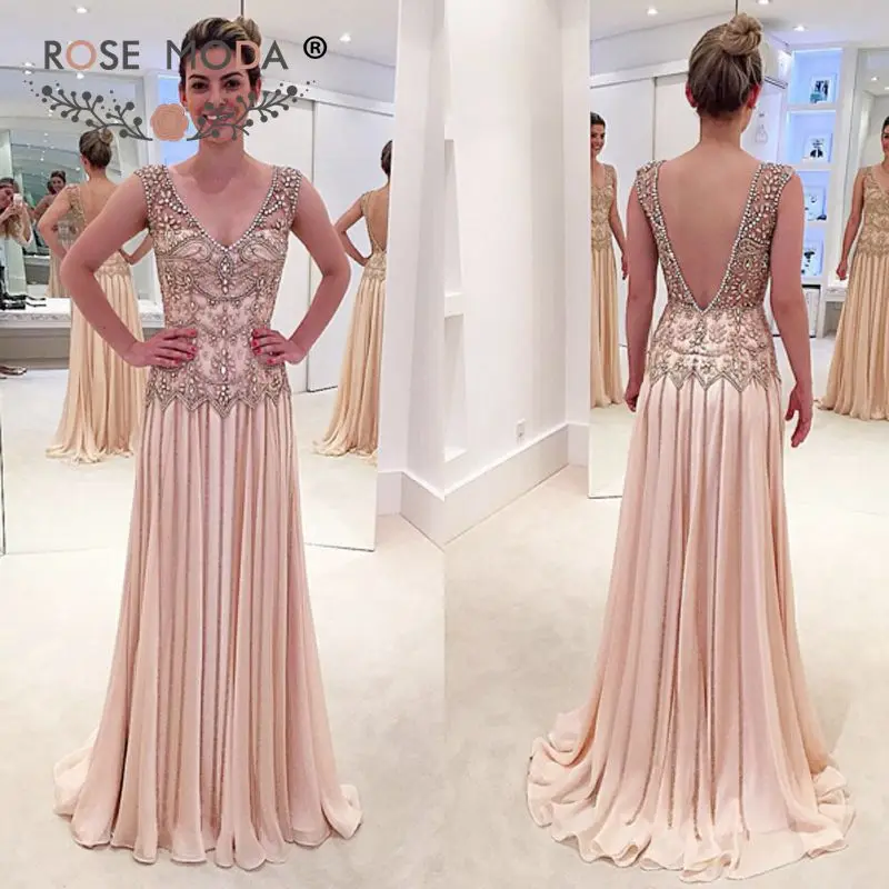 

Rose Moda V Neck Heavily Crystal Beaded Floor Length Evening Dress Backless Formal Party Dress