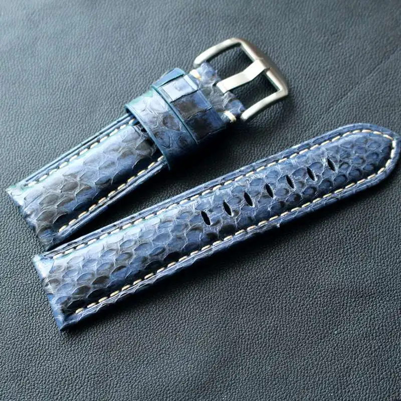blue sliver buckle TOTOY ручной работы Змеиный ремешок 20 мм 22 мм 24 мм черный и белый зеленый синий кожаный ремешок мужской Змеиный ремешок - Цвет ремешка: blue sliver buckle