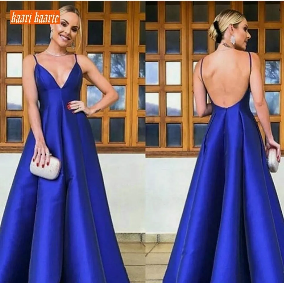 Женское атласное вечернее платье длинное темно-синее с V-образным вырезом и