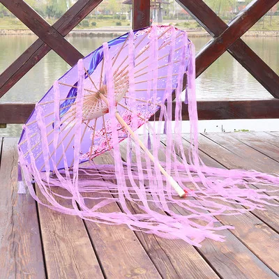 p pink B Шелковый тканевый кружевной зонтик женский костюм реквизит для фотосессии зонтик с кисточками Китайский классический зонтик с масляной бумагой - Цвет: p pink B