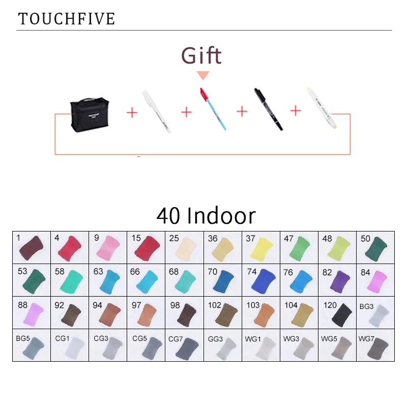40 INDOOR TouchFIVE 20 Вт, 30 Вт/40/60/80 Цвет маркеры манга рисунок Маркеры Ручка на спиртовой основе эскиз жирной двойной кисть товары для рукоделия - Цвет: 40 INDOOR