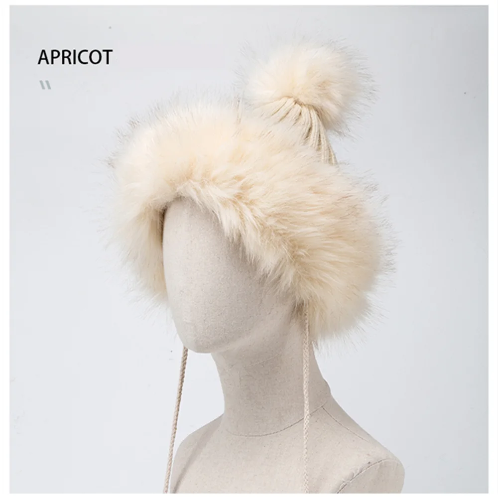 apricot BISON деним с мехом помпоном шапки теплые зимние вязаные шапки s для женщин новые меховые шапки женские меховые шапки M9493 - Цвет: apricot