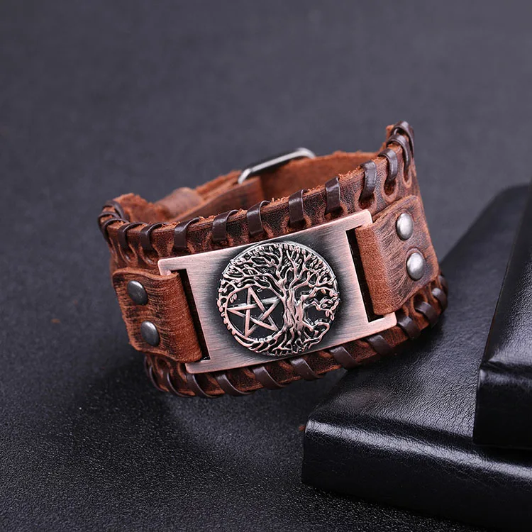 Ancient Copper Браслет-манжета My shape Tree of Life с пентаграммой, винтажная звезда, натуральная кожа, ручной работы, браслет с викингом, регулируемые подарки - Окраска металла: Ancient Copper