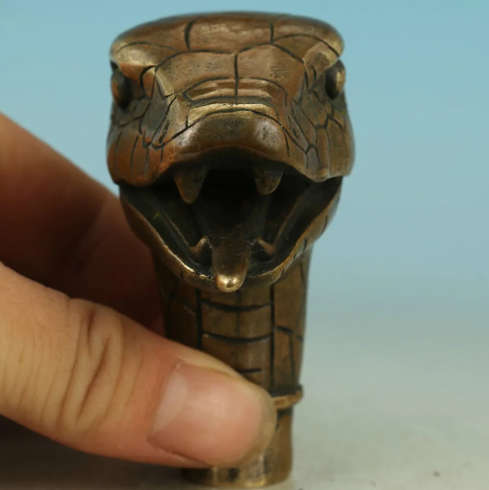 Asian Chinese Old Bronze Handmade Carved Snake Collect Statue Walking Stick Head | Дом и сад