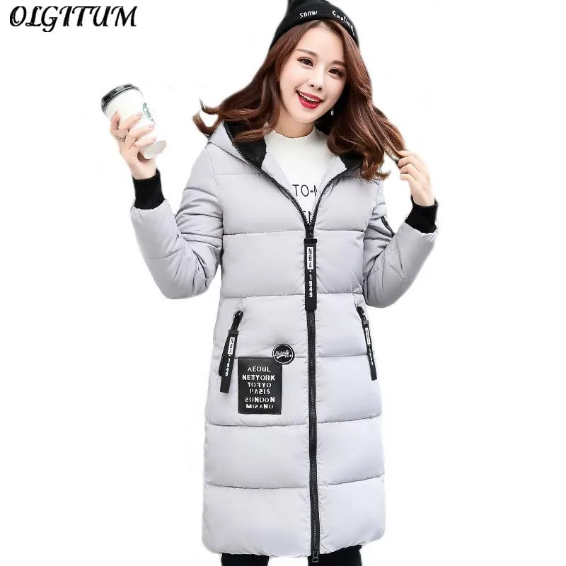 

OLGITUM hot sale! 2018 Winter New Fashion Long Coat Slim Hooded Warm Jacket Cotton Padded Zipper Plus Size Outwear