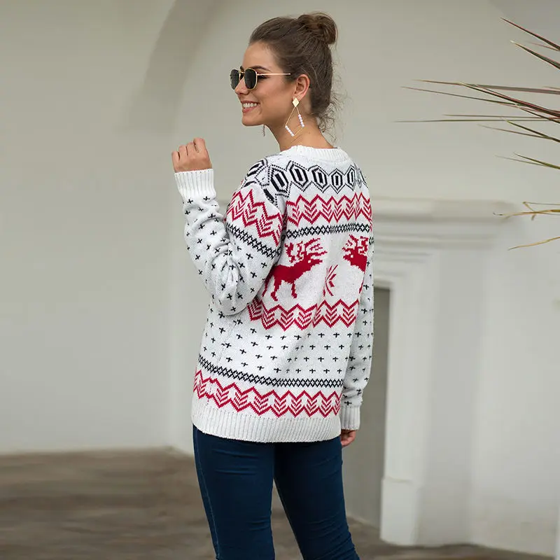 Winter Women Christmas Sweater O-Neck Animal Deer And Snow Printing Knitting Long Sleeve Casual Pullover Lady Sweaters | Женская одежда