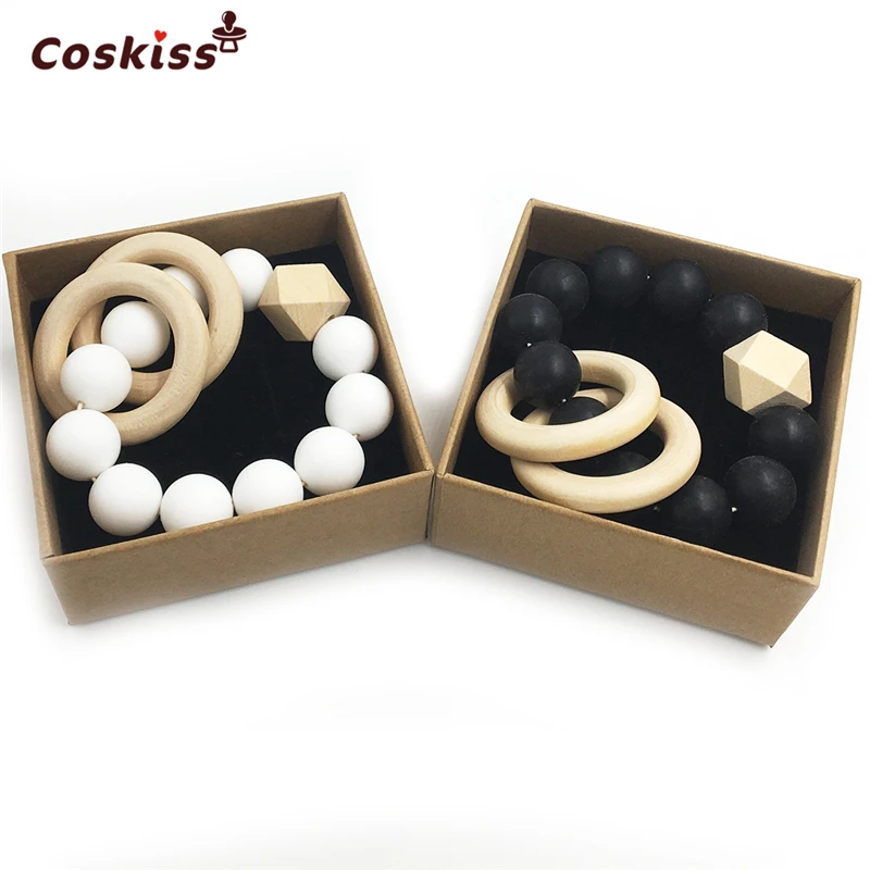 

2pcs Baby Teether Nursing Bracelet Food Grade Silicone Beads Wooden Rings Teether Nature Safe Organic Infant Bangle Teether Toys
