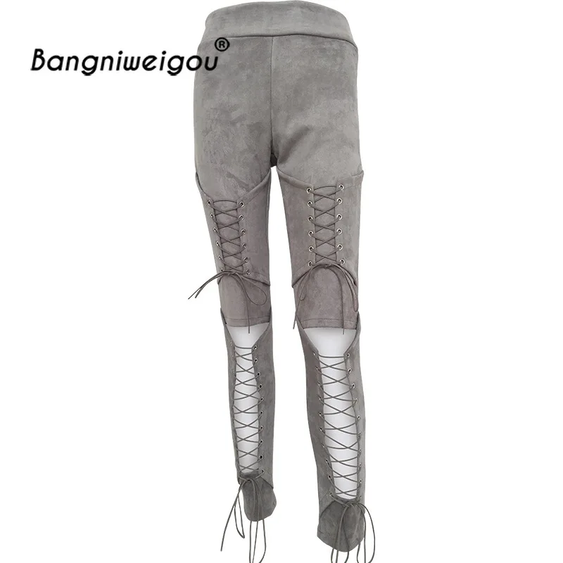 

Sexy Lace up Suede Pants High Waist Hollow Cutout Crisscross Leggings Pencil Goth Pants Punk Retro Apricot Trousers Streetwear