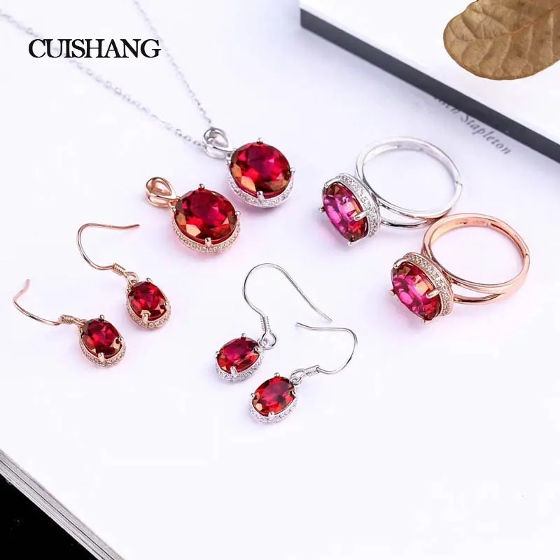 CSJ натуральный гранат комплект ювелирных изделий стерлингового серебра 925