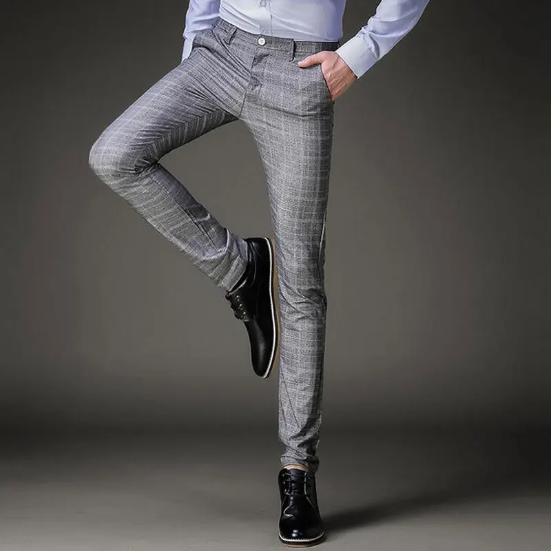 Модные мужские летние костюмы брюки клетчатые корейский стиль Человек Slim Fit