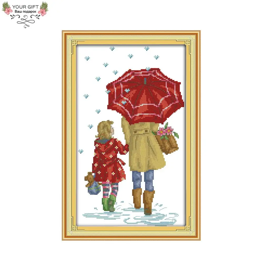 

Joy Sunday R702 14CT 11CT Counted and Stamped Home Decor Mother And Daughter Under Umbrella Embroidery Cross Stitch