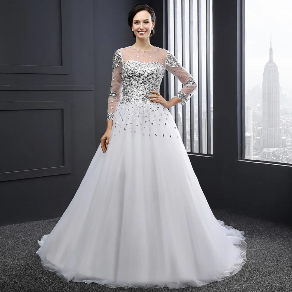 Белый узелок платье-линии развертки поезд кристалл раскаты тюль Vestido де Noiva с