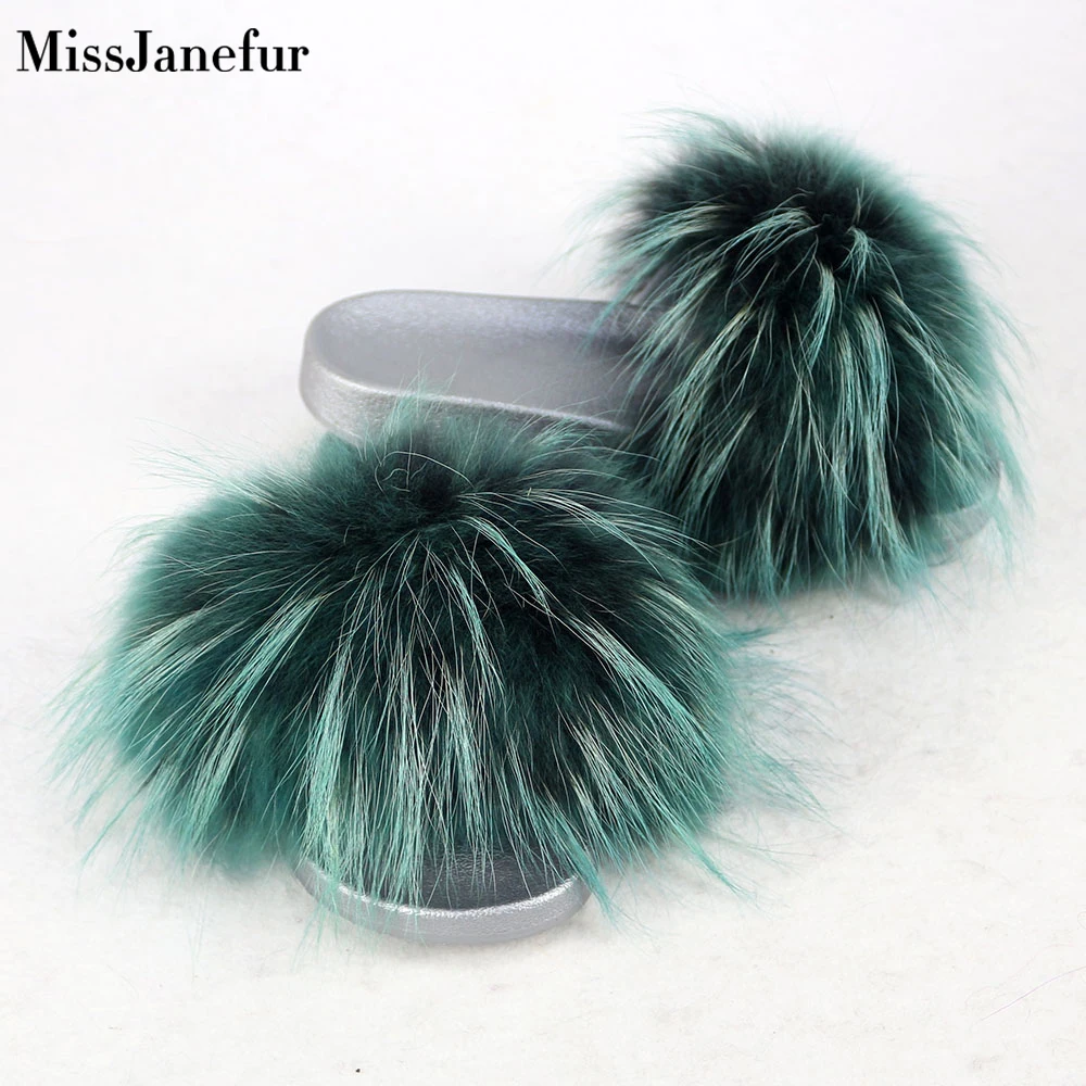 Женские меховые тапочки роскошные пушистые шлепанцы с мехом енота Лидер продаж