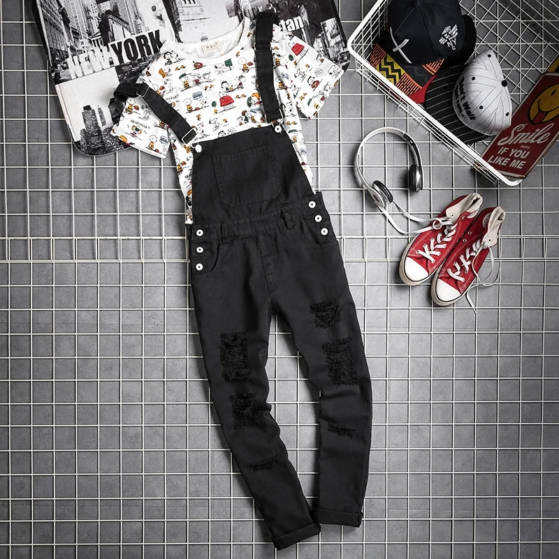 Mens Streetwear Vintage Distressed Denim Bib Overall for Men Ripped Jean Jumpsuit Jeans Male Suspender Denim Pants Black White