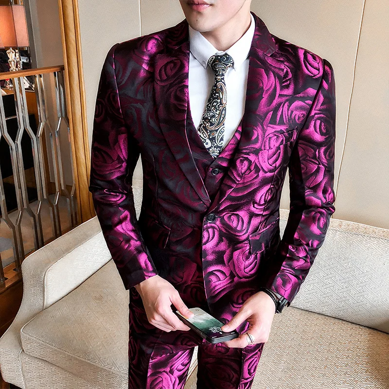 

2022 Rose Suits Mens Burgundy Flowers Print Suits Purple Wedding Suits For Mens Stage Jackets Pak Heren Smoking Ternos Slim Fit