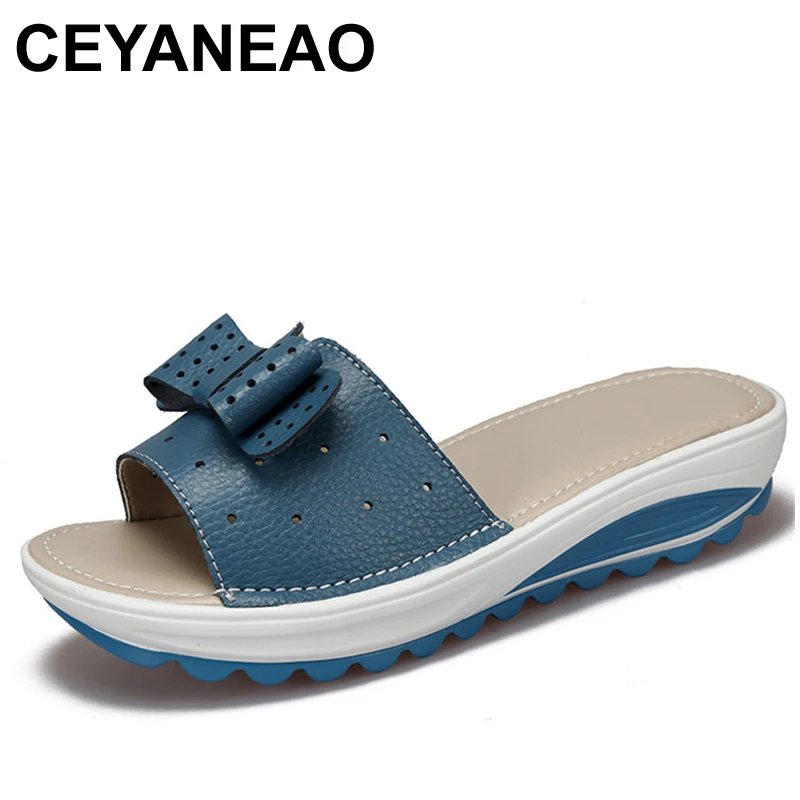 

CEYANEAO 2019Summer Flat Sandals Shoes Women Cow Leather Casual Slippers Cut Outs Bowknot Slides Female Platform Sandalias E1823