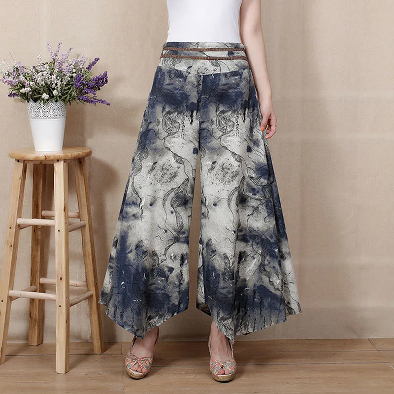 2017 summer new women printing Nine sub trousers cotton linen pants casual baggy swinging leg wide female |