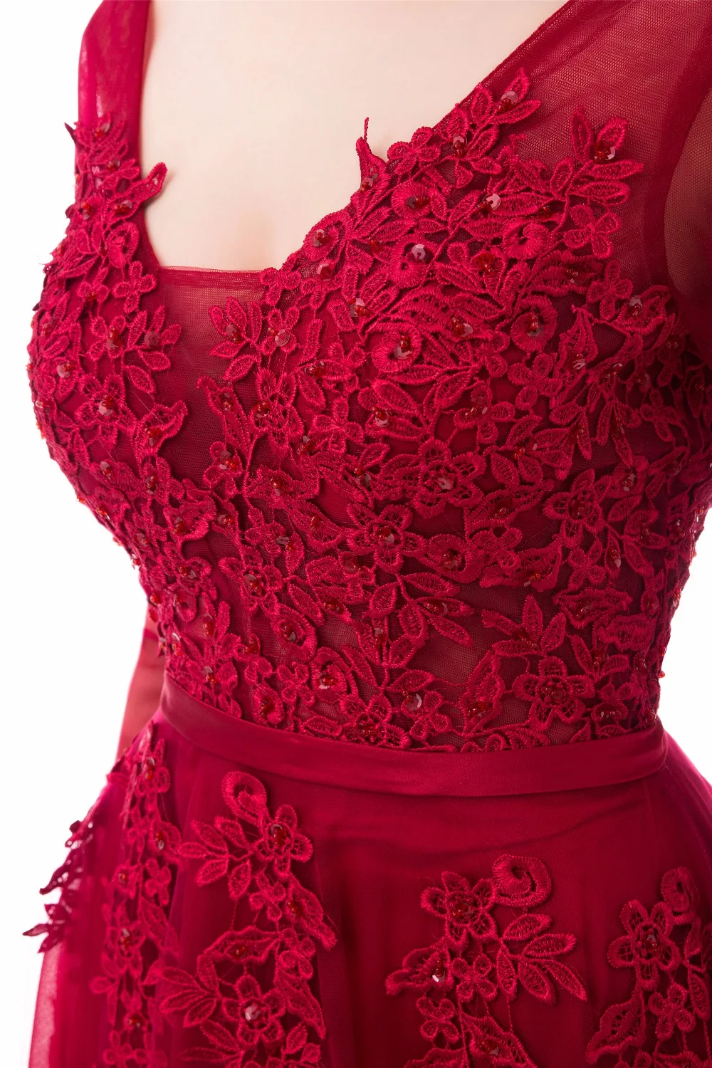 Винно-красное вечернее платье длинное 2020 Тюль с кружевной аппликацией и длинными