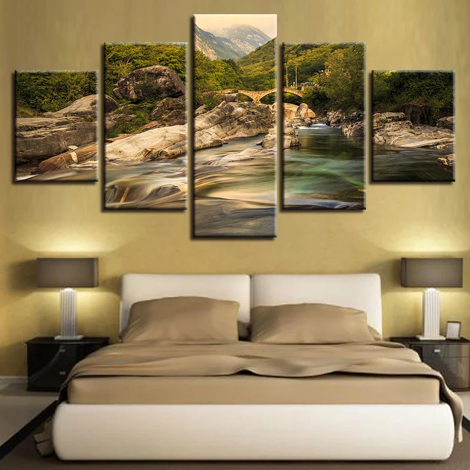 Home Decor Modern Living Room Wall Art Pictures 5 Pieces Green Mountain And River Painting Natural Scenery Modular Canvas Prints | Дом и сад
