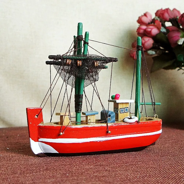 New Model Wooden Fishing Boat Model Office Decorations Wood Craft Fishing Net Sailing Model Sailboat Ship Model 15* 5* 12.5cm