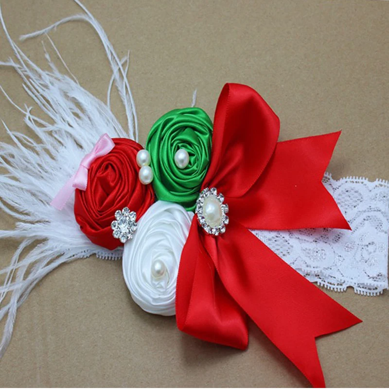 Рождественская Кружевная повязка на голову для девочек атласная с цветком розы