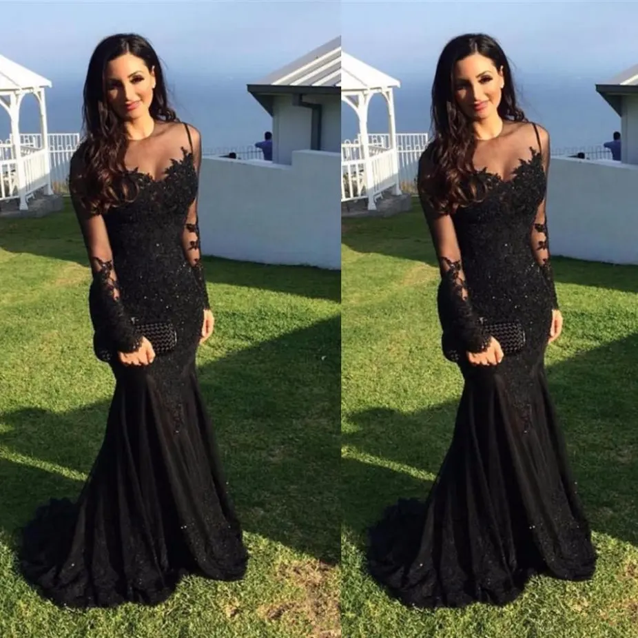 

Elegant Black Mermaid Prom Dresses 2020 Lace Appliques Tulle Evening Dresses Long Sleeves Formal Party Dress Robe De Soiree