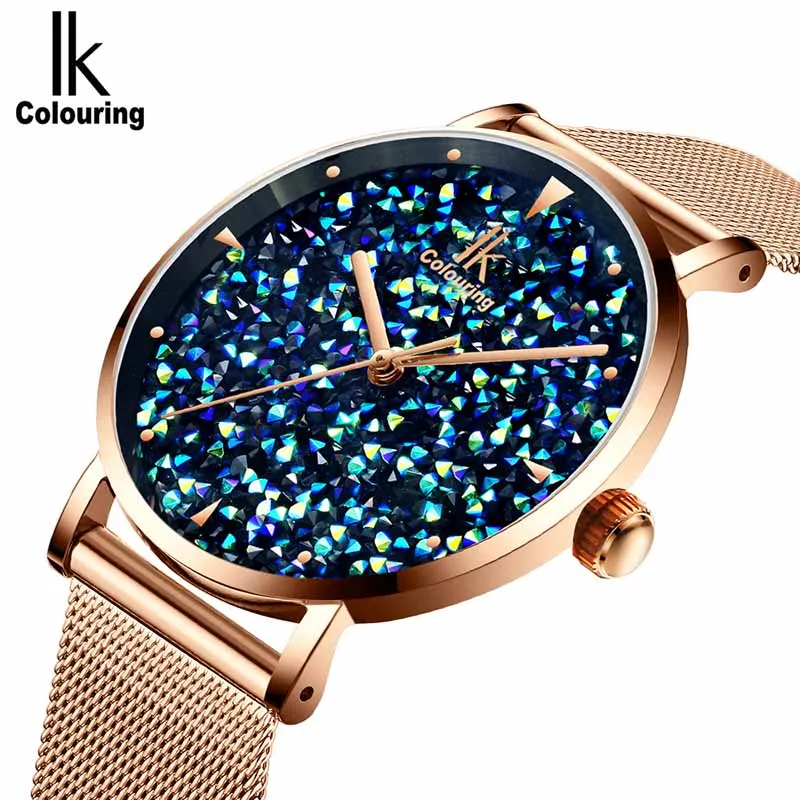 Rose golden blue Женские кварцевые часы с плетеным стальным ремешком Relogio Feminino IK, Роскошные блестящие часы с циферблатом, женские часы Cinturino Milanese - Цвет: Rose golden blue