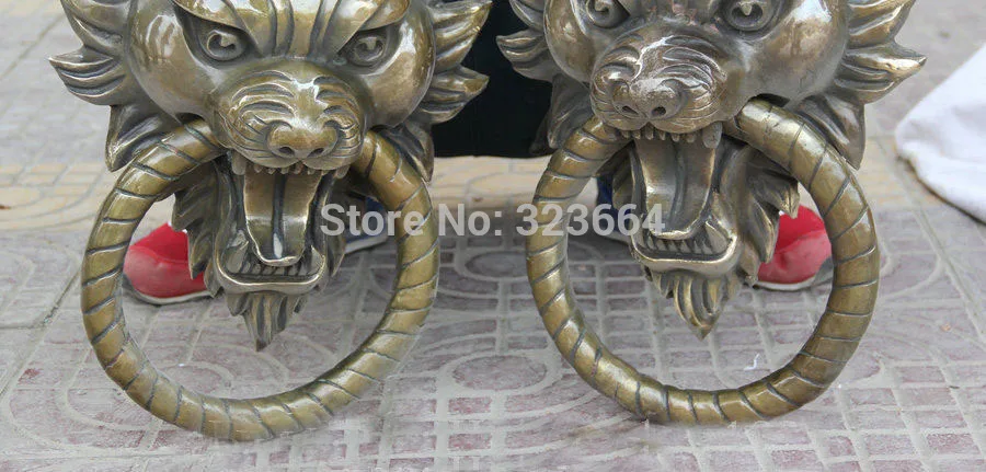 18 &quotКитайский медный волк голова зверя статуя дверной молоток пара C0320|door knocker