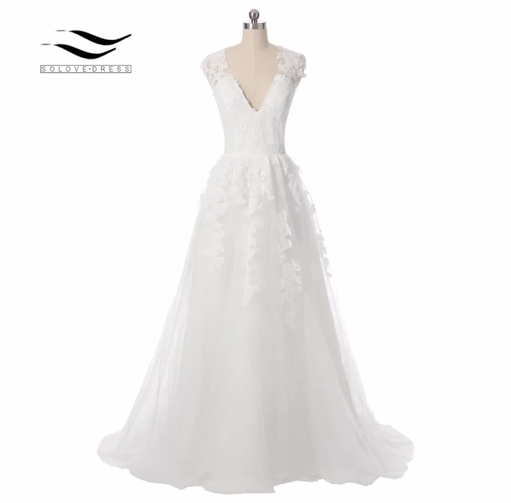 Женское кружевное свадебное платье элегантное фатиновое с V-образным вырезом