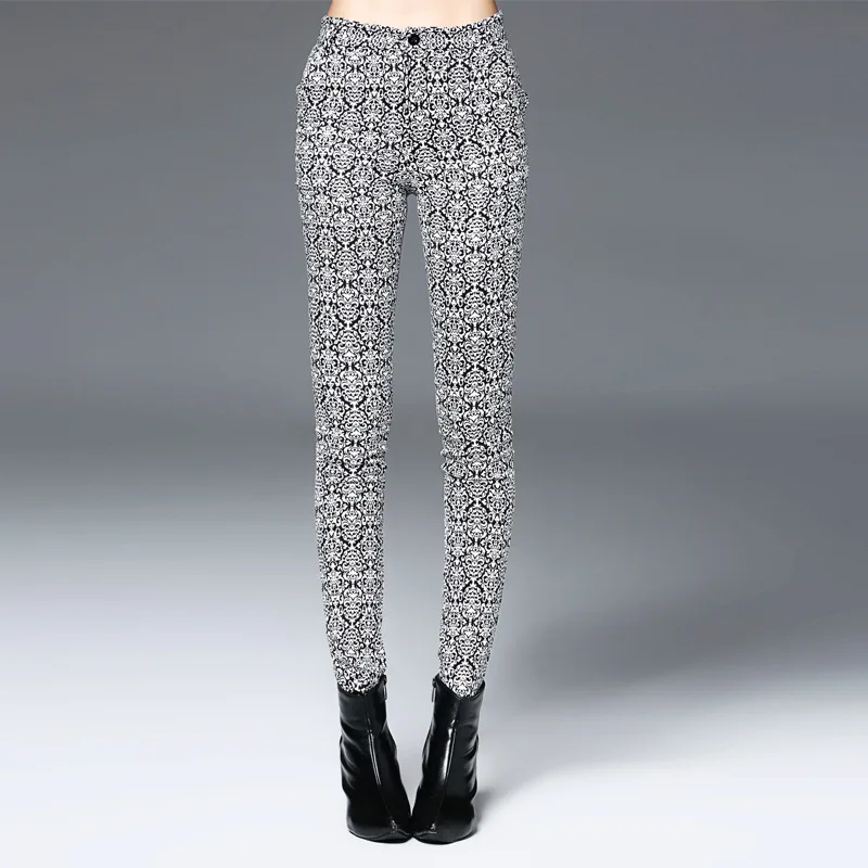 

Women Vintage Pencil Trousers Ladies Mid Waist Skinny Pants Blue and White Porcelain Pattern Autumn Winter Zipper Fly Leggings