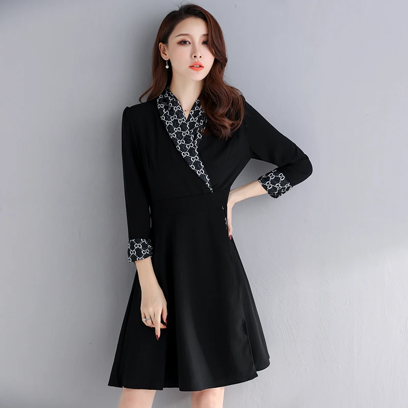 

New Black elegant Dress Women 2019 Spring Wrist sleeve Pullover vestido Female Slim Plus size Dresses ladies autumn bottom dress