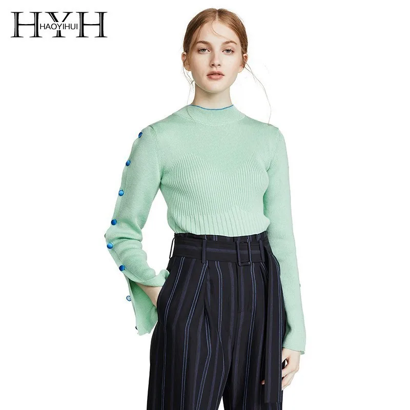 HYH Haoyihui стиль преппи, Одноцветный светло-зеленый повседневные топы тонкая на кнопках Spilt пуловеры с круглым вырезом женский свитер
