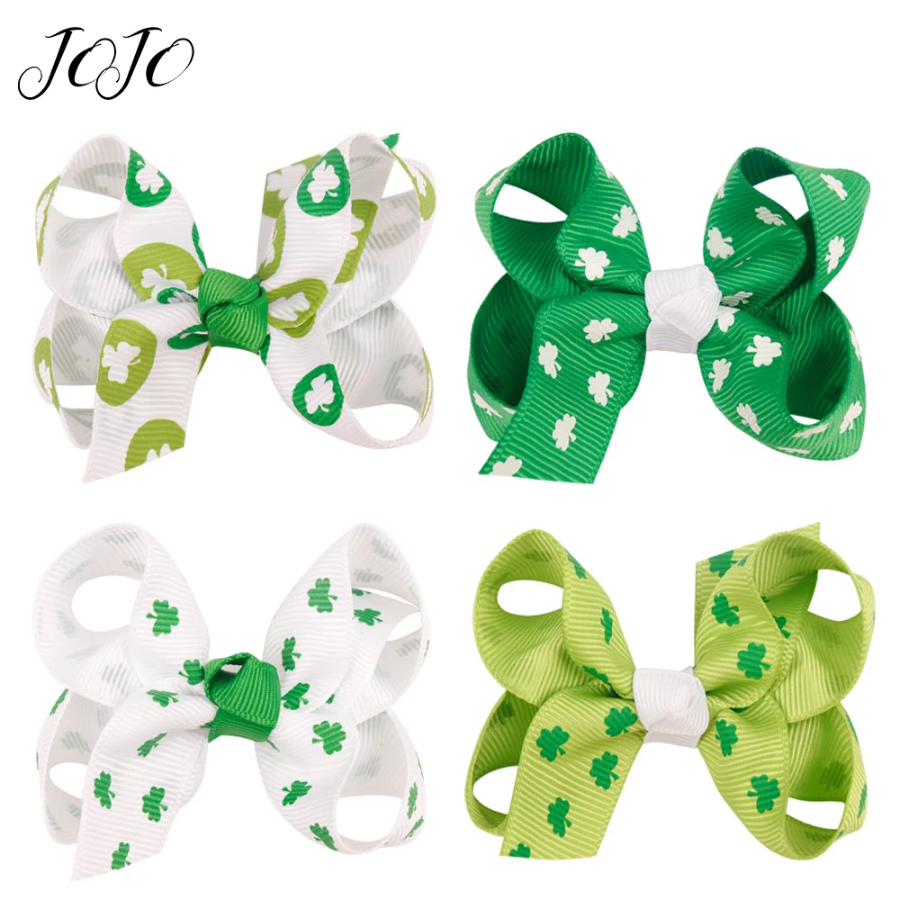 

JOJO BOWS 4pcs DIY Craft Supplies Clover Printed Hair Bows For Kid Girl Headwear Clips Decoration DIY Handmade Hair Accessories