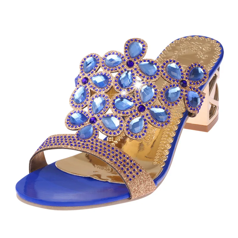 

Rhinestone Sandals 6cm High Heels Peep Toe Summer Women Shoes Cutout Chunky Heels Elegant Lady Gold Blue Sandals Slippers