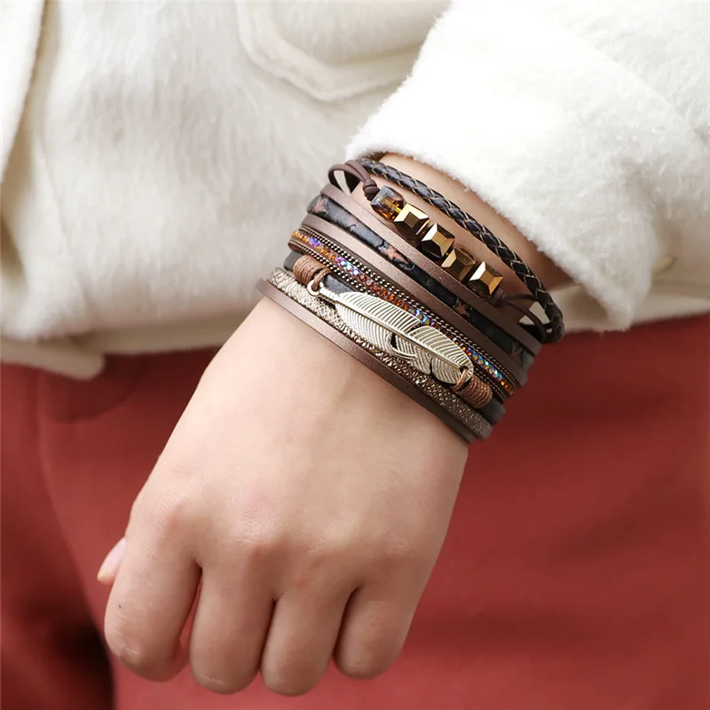 

2019 New Jewelry Bracelet Ladies Europe Fashion Alloy Feather Multicolor Leather Bracelet Jewelry Wholesale Pulseira Senhora