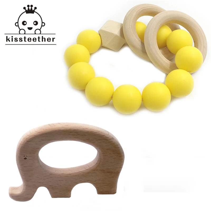 Mordedor de silicona hecho a mano para beb&eacute;, cuentas de silicona para lactancia, dentici&oacute;n, anillo de madera con pulsera, elefante de madera, 2 uds.-5